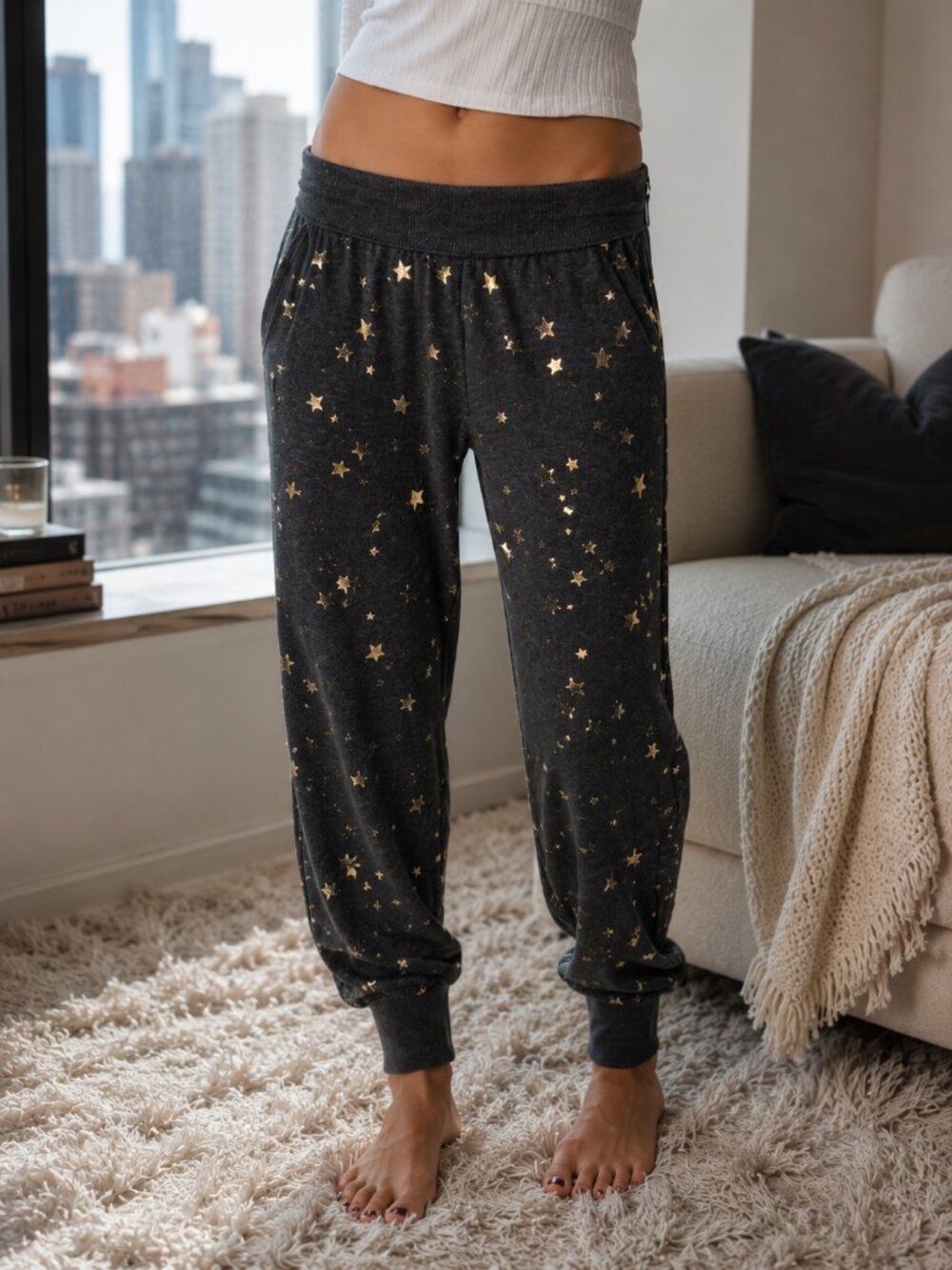 Aerie Gold Star Print Jogger Sweatpants Gray Celestial Lounge Pants Size S